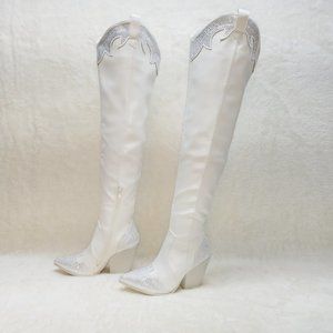 Primal Sexy White OTK Thigh Boots With Rhinestone Trims Country Western Cowgirl